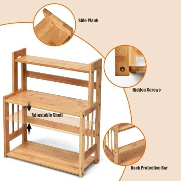 3-Tier bamboo spice rack with side plank, hidden screws, back protective bar, adjustable shelf.