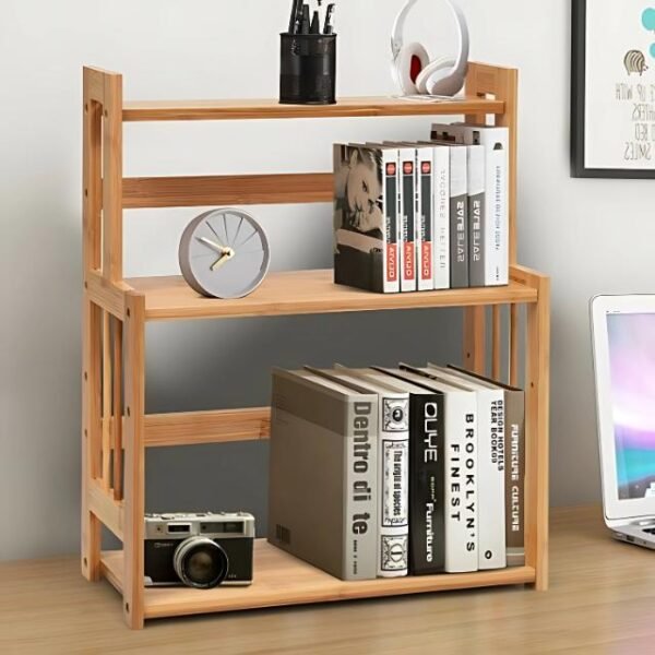 3-Tier bamboo organizer with books and bedroom accessories.