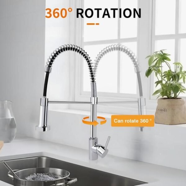 Pull-out kitchen mixer with 360-degree rotation for enhanced reach and water savings.