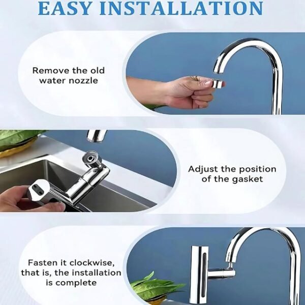 Installation guide for a rotatable kitchen faucet with simple steps.