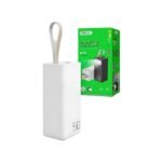Gerlax power bank in white next to a package for charging digital devices.