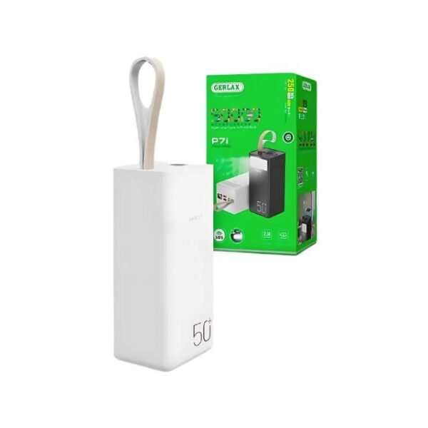 Gerlax power bank in white next to a package for charging digital devices.