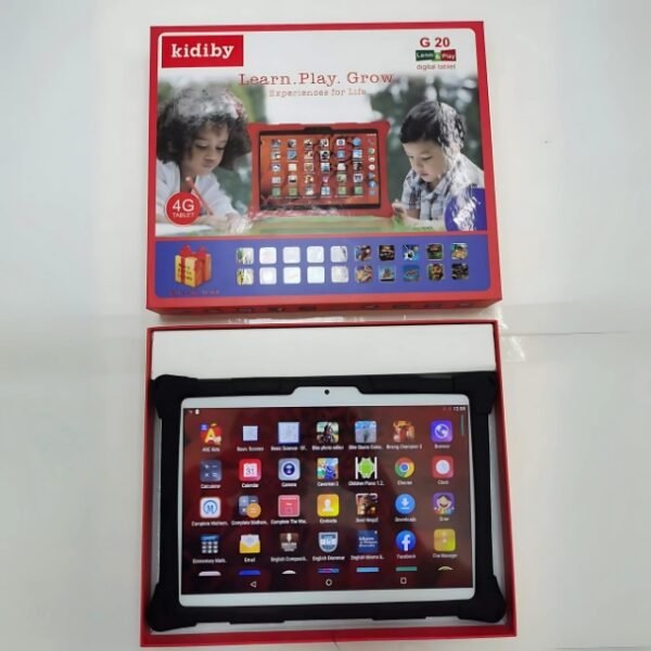 Kidiby G20 tablet unboxed, supports Wi-Fi and interactive learning apps.