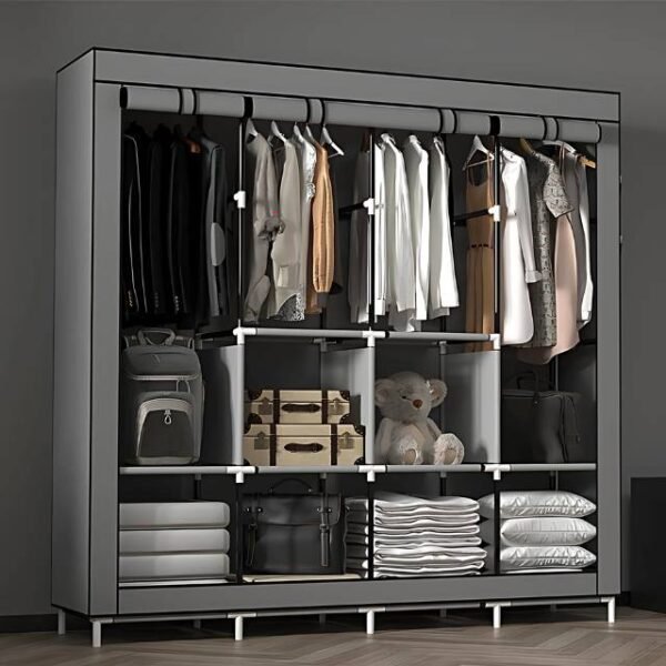 Large storage wardrobe in stylish grey with steel poles and plastic connectors.