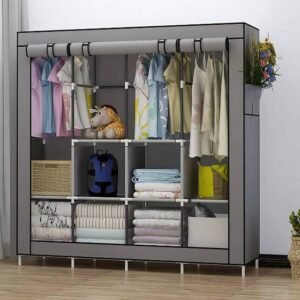 Portable large storage wardrobe in grey inside a bedroom for easy assembly.