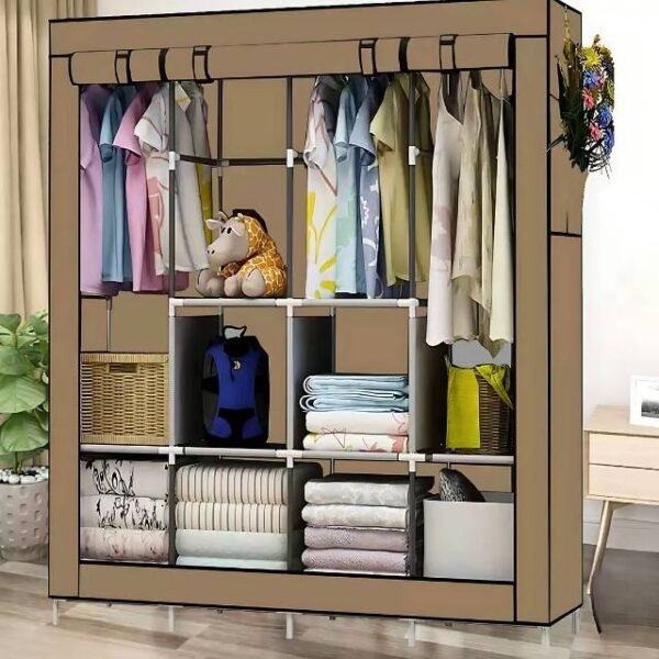 Large storage wardrobe in brown holding clothes, towels, and bags.