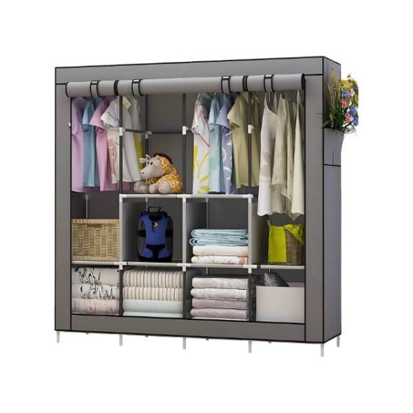 Large storage wardrobe in grey for clothes, towels, and shoes.