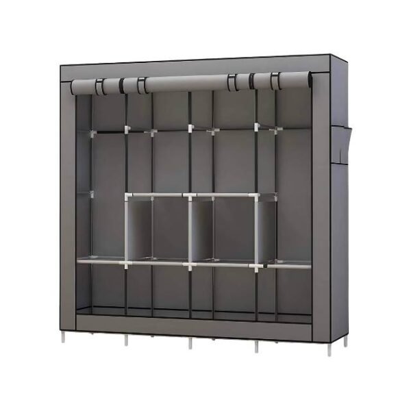 Large storage wardrobe with 6 shelves and 4 hanging sections for easy organization.