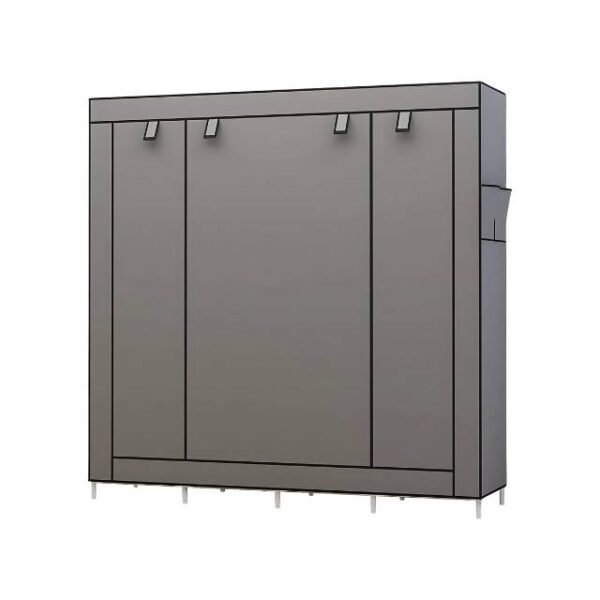 Durable large storage wardrobe in grey fabric for long-lasting use.