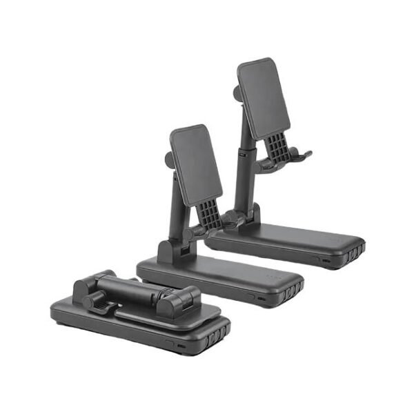 Foldable multifunctional power bank with height-adjustable stand for travel.