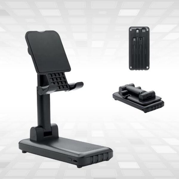 Multifunctional charging station with phone stand and four integrated USB cables.