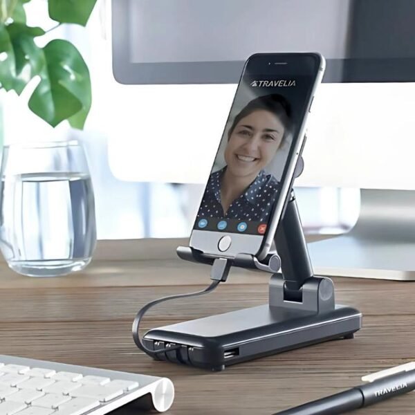 Multifunctional power bank used as phone holder during video call.