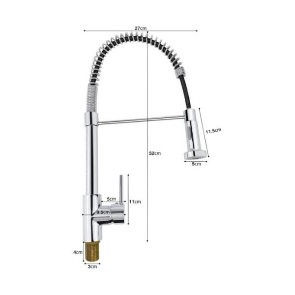 Compact pull-out kitchen mixer with 27 x 5 x 52 cm dimensions.