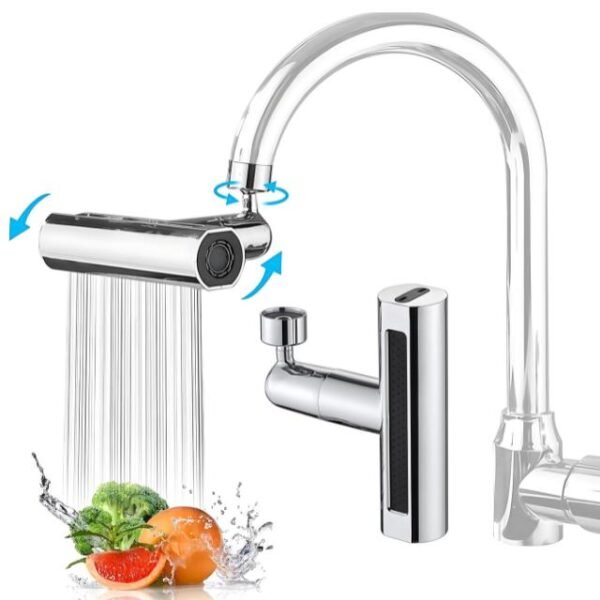 Rotatable kitchen faucet with 360 maneuverability for washing fruits and vegetables.