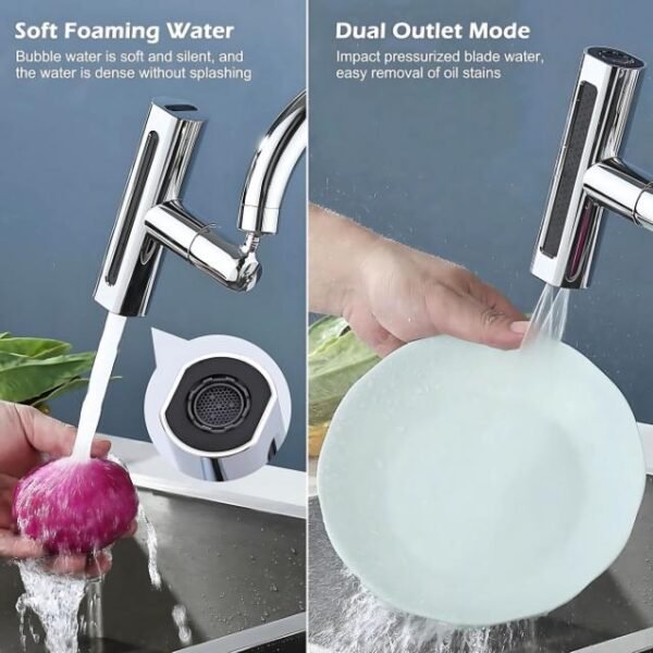 Rotatable kitchen faucet in action, washing vegetables with high-pressure modes.