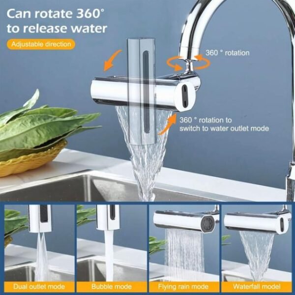 Rotatable kitchen faucet with four water outlets and 360-degree rotatable head.