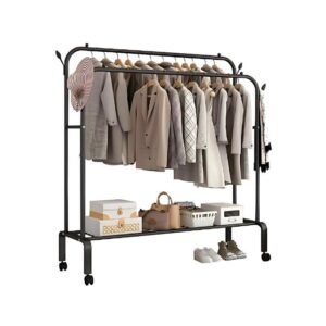 Double Pole Coat Rack with Shoe Shelf and Wheels, Metal Design