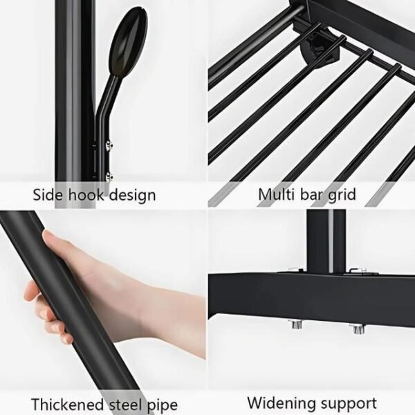 Grid view of double pole coat rack design with side hook, lower shelf, and thick steel frame.