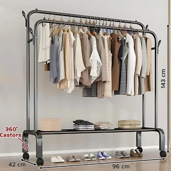 Compact double pole coat rack with dimensions 143 x 96 x 42 cm and 360-degree casters.