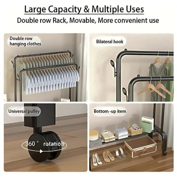 Double pole coat rack with dual hanging bars, side hook, 360-degree wheels, and lower shoe shelf.