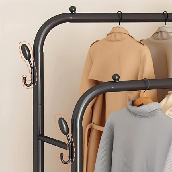 Double pole coat rack with side hangers for extra coat storage, maximizing space efficiency.