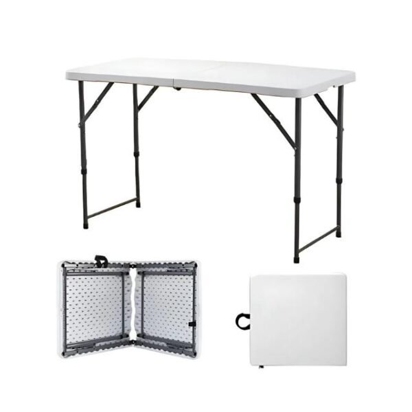 Folding table in briefcase form and stages of folding.