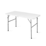 Folding study table with white top and adjustable height.