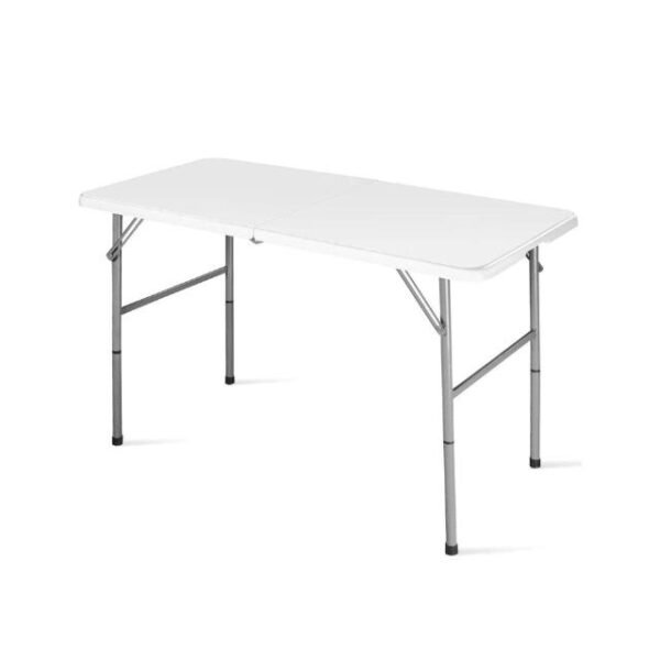 Folding study table with white top and adjustable height.