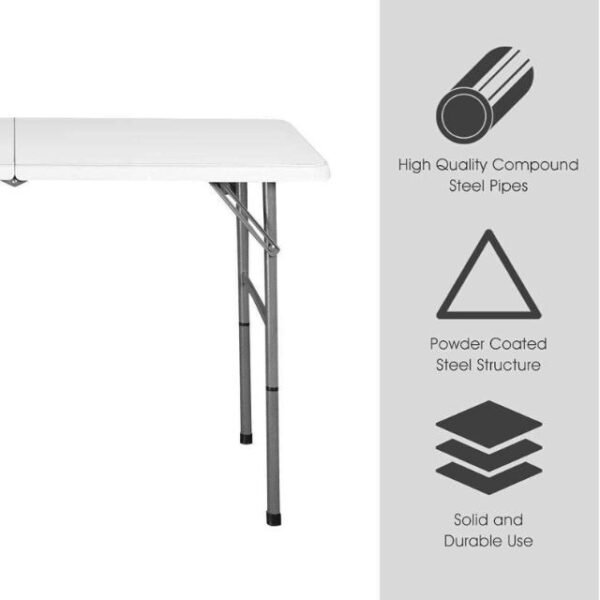 Folding study table with high-quality plastic and steel legs.