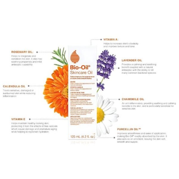 Bio-Oil skincare oil highlighting benefits and ingredients like chamomile, calendula, and vitamin A.