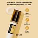 COSRX under eye cream ingredients: 73.6% snail secretion, 2% Niacinamide, 5 peptides.