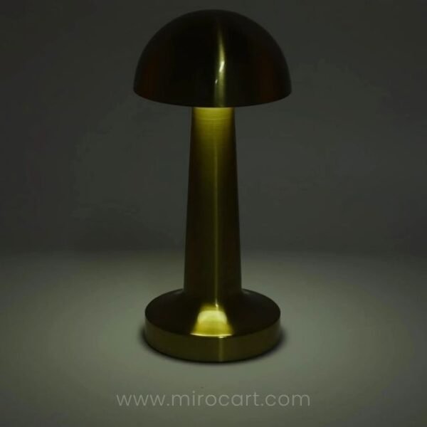 Dimmable mushroom table lamp showing white light in a dark setting.