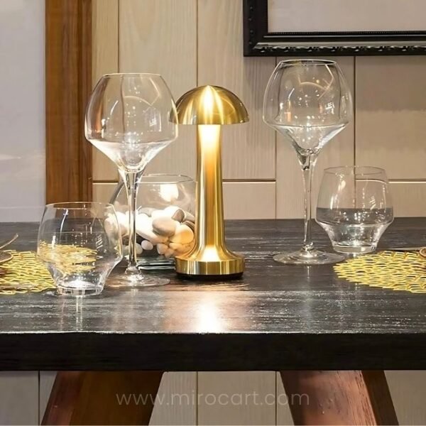 Dimmable mushroom table lamp on dining table for cozy ambiance.