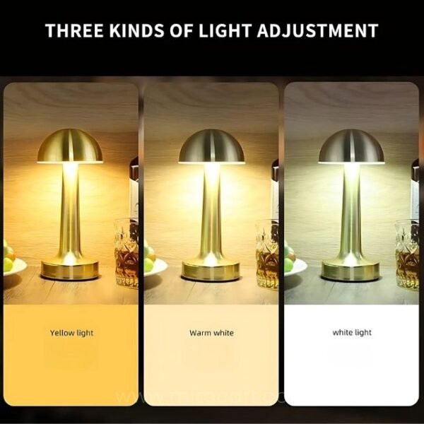 Three light modes of dimmable mushroom table lamp (yellow, warm, white).