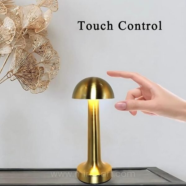 Woman adjusting brightness on the dimmable mushroom table lamp.