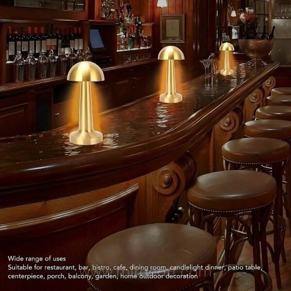 Dimmable mushroom table lamps on bar counter, versatile for various settings.