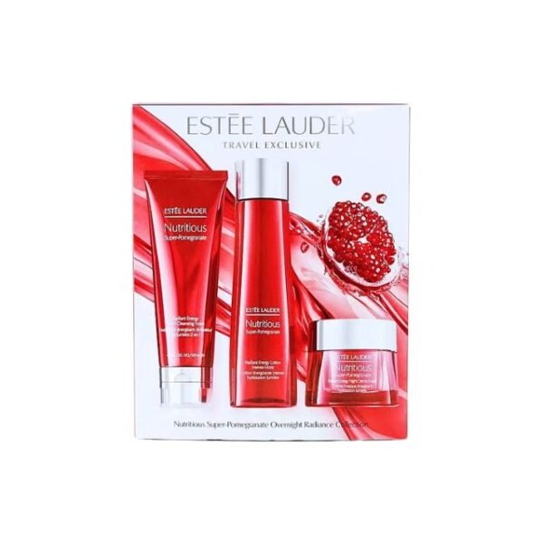 Estée Lauder Pomegranate Overnight Radiance Skin Collection packaged elegantly on a white background, showcasing its premium skincare appeal.