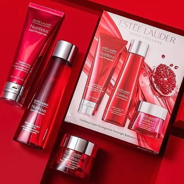 Estée Lauder Pomegranate Overnight Radiance Skin Collection displayed outside its packaging featuring a 3-in-1 set for radiant and hydrated skin.