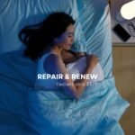 Woman sleeping peacefully with Estée Lauder Radiant Skin Set protecting her skin 24/7.