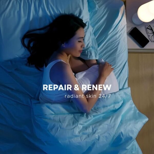 Woman sleeping peacefully with Estée Lauder Radiant Skin Set protecting her skin 24/7.