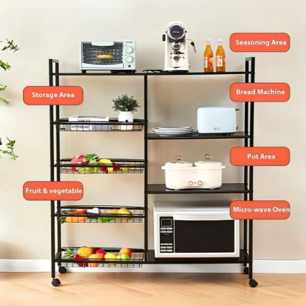 Kitchen storage cart showcasing seasoning section, pots area, and veggie baskets.