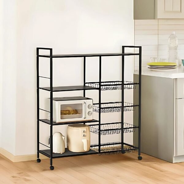 Kitchen storage cart with 3 shelves and 4 veggie baskets for organized countertops.