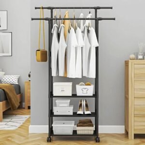 Minimalist Clothes Rack with 3 Shelves and Double Hanging Rods