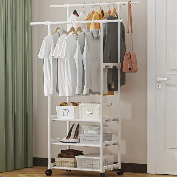 White minimalist clothes rack with metal frame and double rods for home organization.