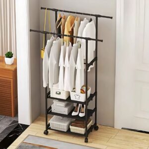 Minimalist Clothes Rack with 3 Shelves and Double Hanging Rods