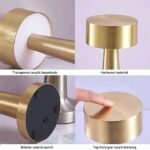 Features of the minimalist golden table lamp: acrylic shade, metal design, and touch control.