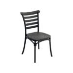 Black minimalist Nordic dining chair featuring a curved backrest and horizontal slats, ideal for modern spaces.