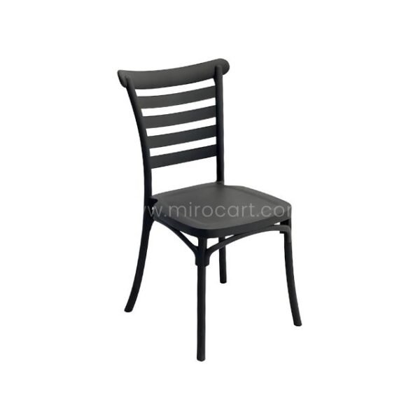 Black minimalist Nordic dining chair featuring a curved backrest and horizontal slats, ideal for modern spaces.