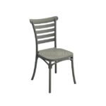 Gray minimalist Nordic dining chair with slatted backrest in a sleek modern room.