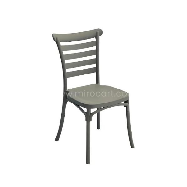 Gray minimalist Nordic dining chair with slatted backrest in a sleek modern room.